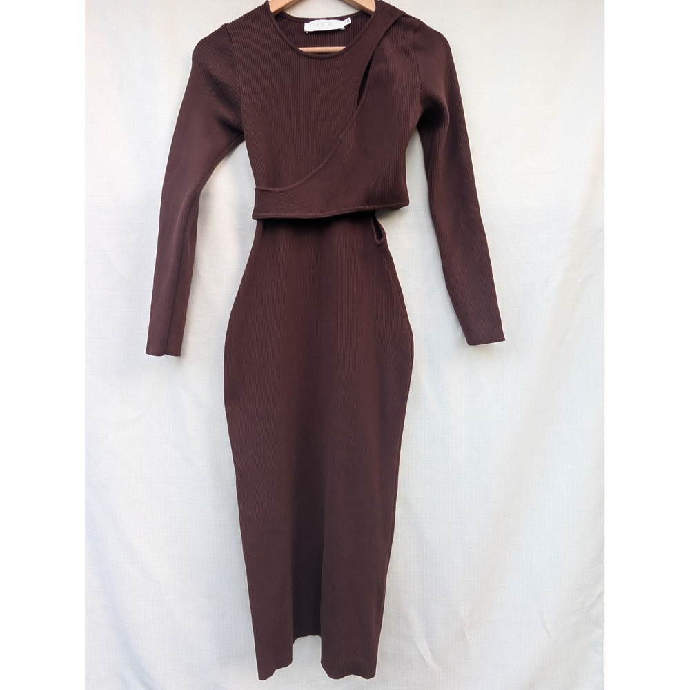 ASTR the Label Alora Ribbed Sweater Dress Medium M Brown Cutout Long Sleeve Midi